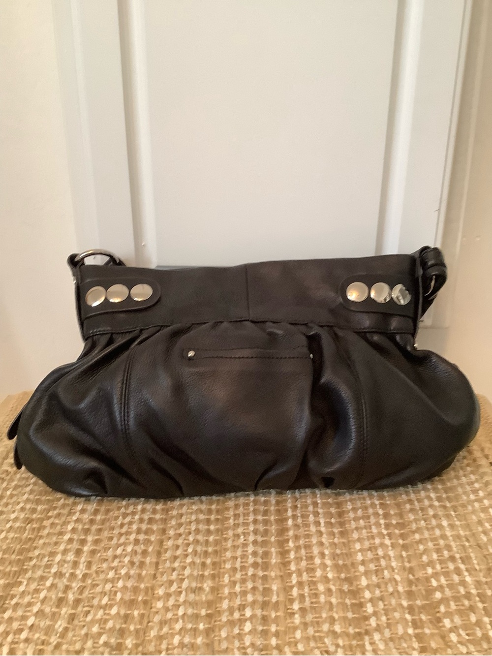 b. makowsky Black Leather Studded Hobo Shoulder Bag - Picture 2 of 7